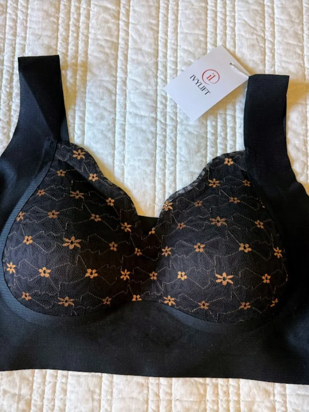 IVYLIFT 5XL Seamless Wire Free Push Up Bra Black with Orange Floral Lace NWT